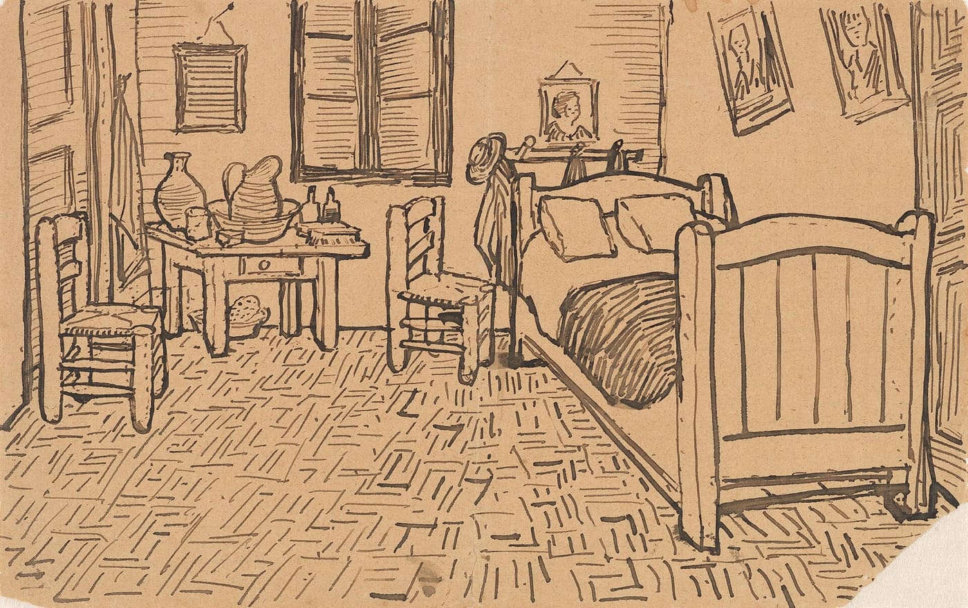 The bedroom at Arles, drawn with the reed pen inside a letter to Theo, October 1888